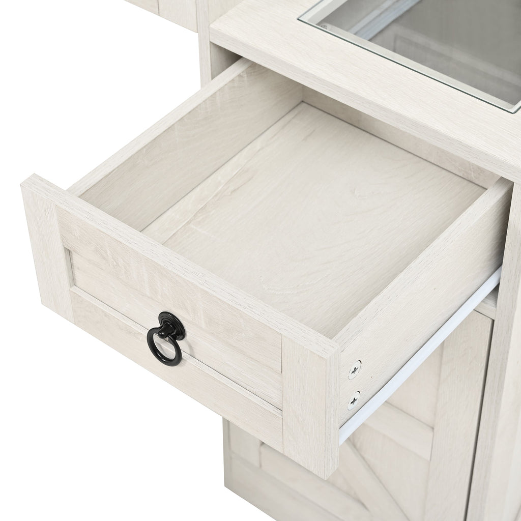 Farmhouse Vanity Desk with Sliding Mirror and Lights, Vanity Set with Glass Top and Charging Station ,Dressing Table with 4 Drawers and 2 Cabinets, Dressing Table with Stool for Bedroom, Gray