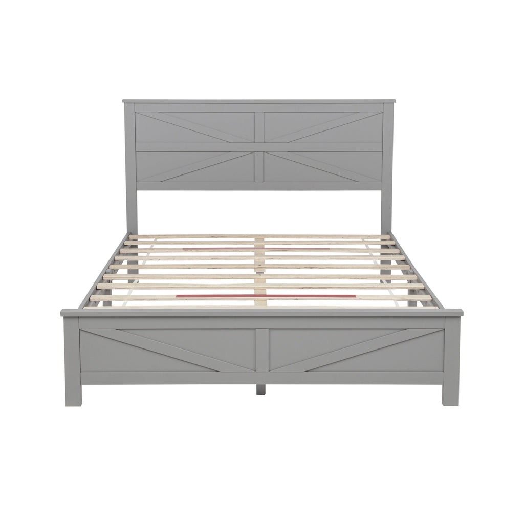 Farmhouse Style Queen Size Bed with Barn Door Designed Headboard and Footboard, Pinewood Bed with Strengthened Bed Frame ,White
