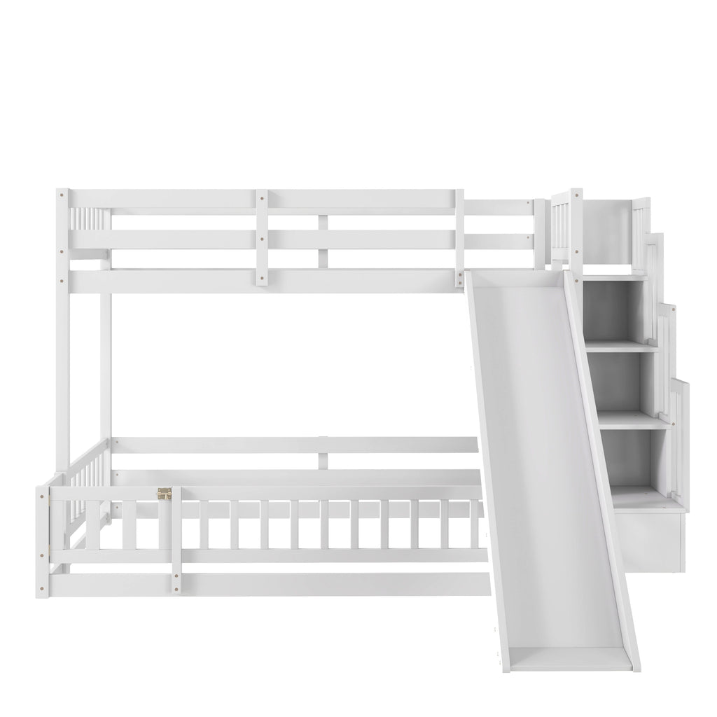 Twin Over Full Bunk Bed with Slide, Storage Staircase, Pine Solid Wooden Bunk Bed with Safety Guardrails ,Grey (Old Sku W504S00184)