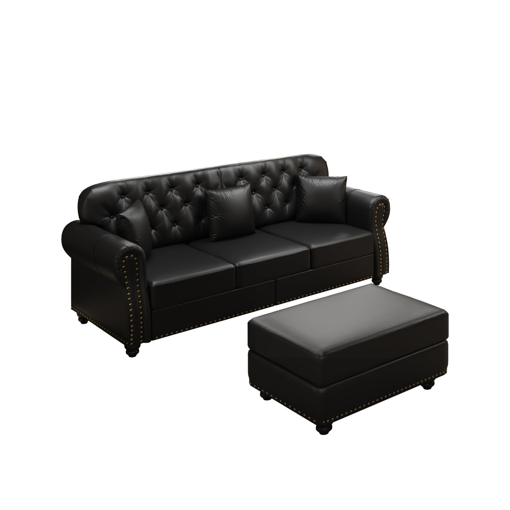 82.6'Upholstered Faux Leather Sofa with Nailhead Trim and Rolled Armrests,Mid-Century Modern Chesterfield Sofa with Button Tufted,Includes 3 Pillows,Black
