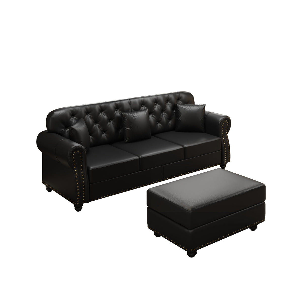 82.6'Upholstered Faux Leather Sofa with Nailhead Trim and Rolled Armrests,Mid-Century Modern Chesterfield Sofa with Button Tufted,Includes 3 Pillows,Black