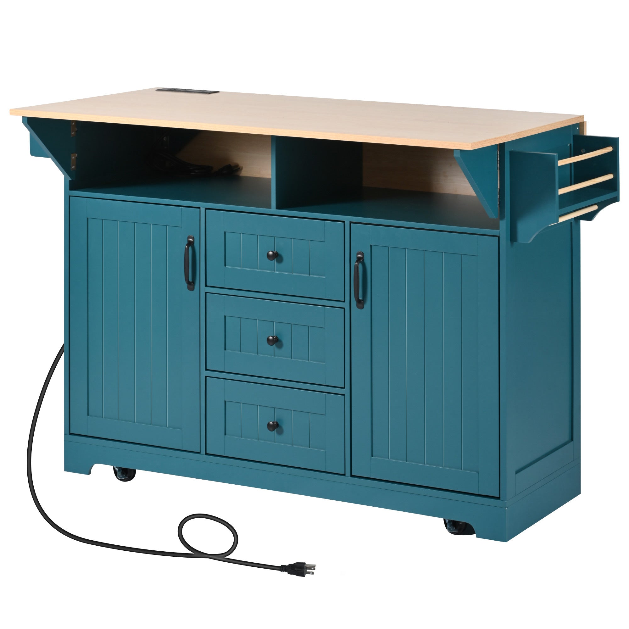 K&K 55.7'' Large Kitchen Island with 2 Drop Leaf,, Rolling Kitchen Cart on 5 Wheels with Power Outlet, Folding Storage Dining Table with Spice & Towel Rack , 3 Drawers, for Kitchen, Dining Room,Black