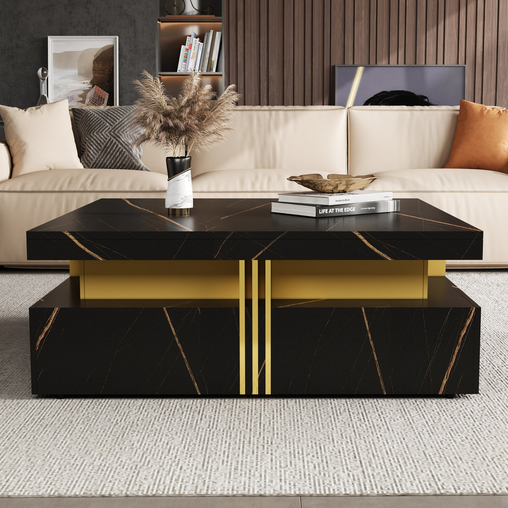 Modern black coffee table gold accents — angle view