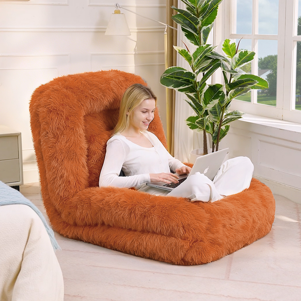 Orange human dog bed with throw pillow included