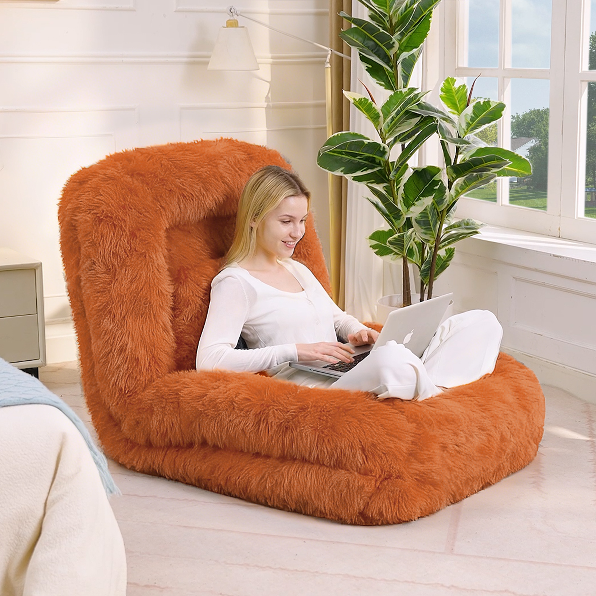 Orange human dog bed with throw pillow included