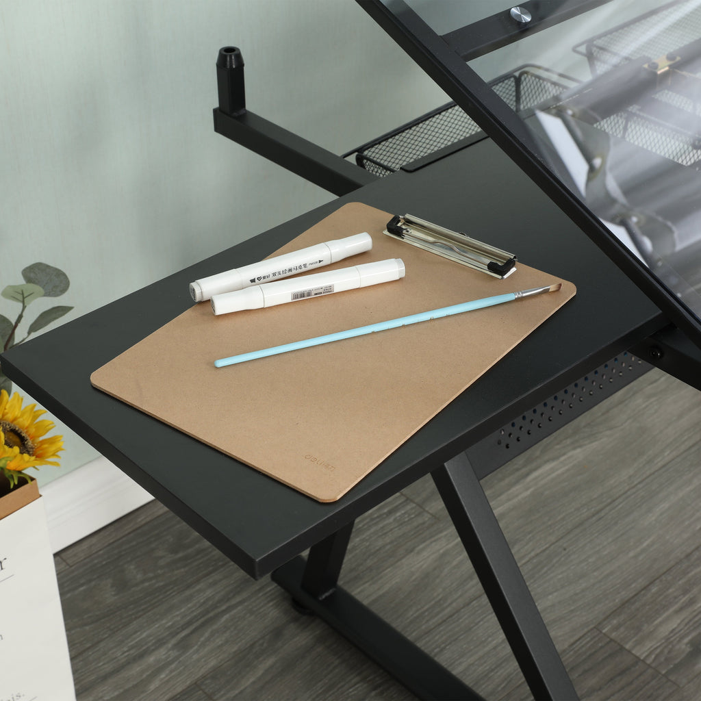 Adjustable Glass Drafting Table with Metal Drawers & Stool