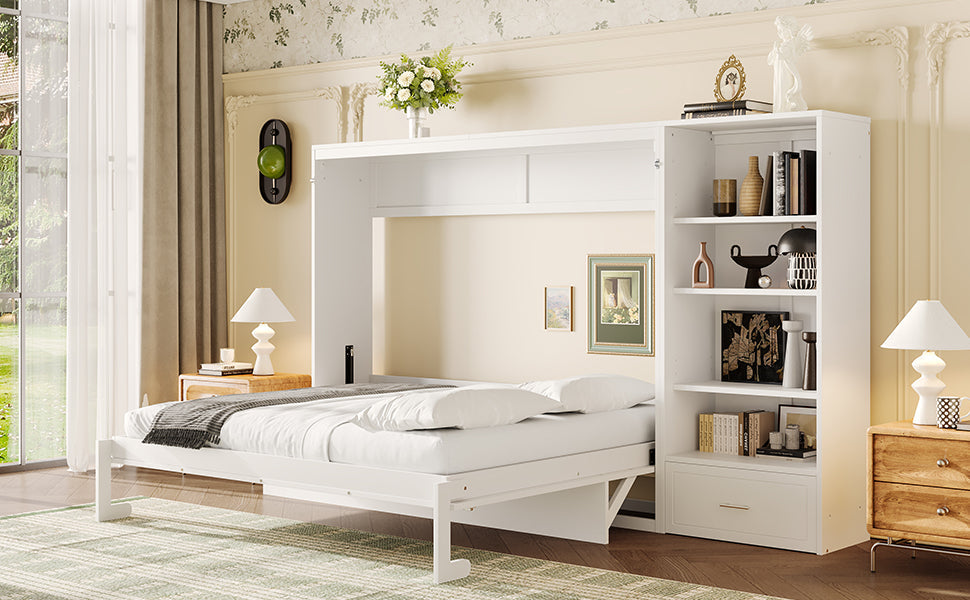 Queen Size Murphy Bed with Height Adjustable Storage Compartments and Shelf, Wall Bed Frame With 1 Drawer, Multifunctional Foldable Platform Bed for Bedroom,Guest Room, Walnut(OLD SKU:N733S309223D)