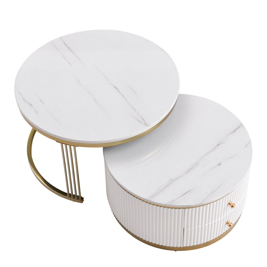 Modern coffee table set with gold legs — three-quarter view