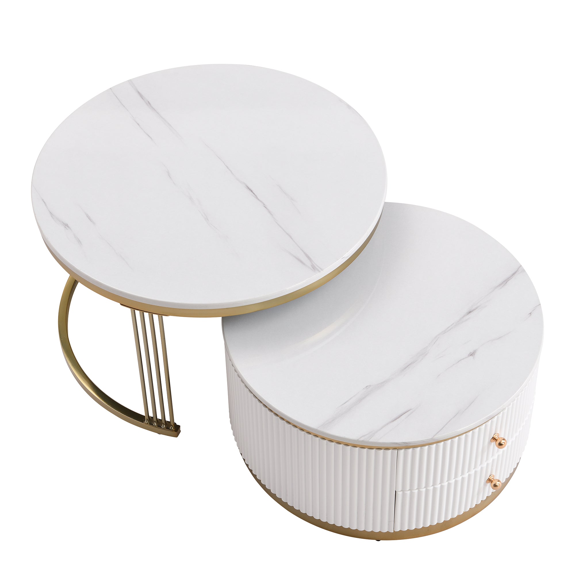 Modern coffee table set with gold legs — three-quarter view