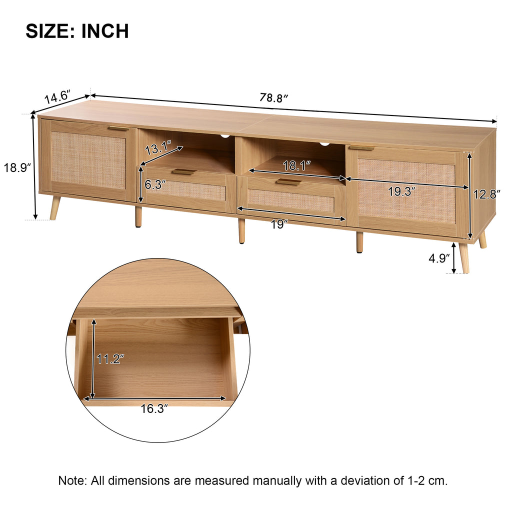 Natural wood TV stand with rattan cabinets angle view