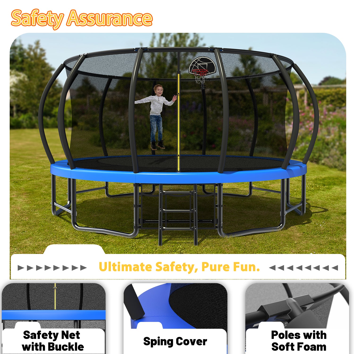 Trampoline safety net dual zipper and buckle closure entrance detail