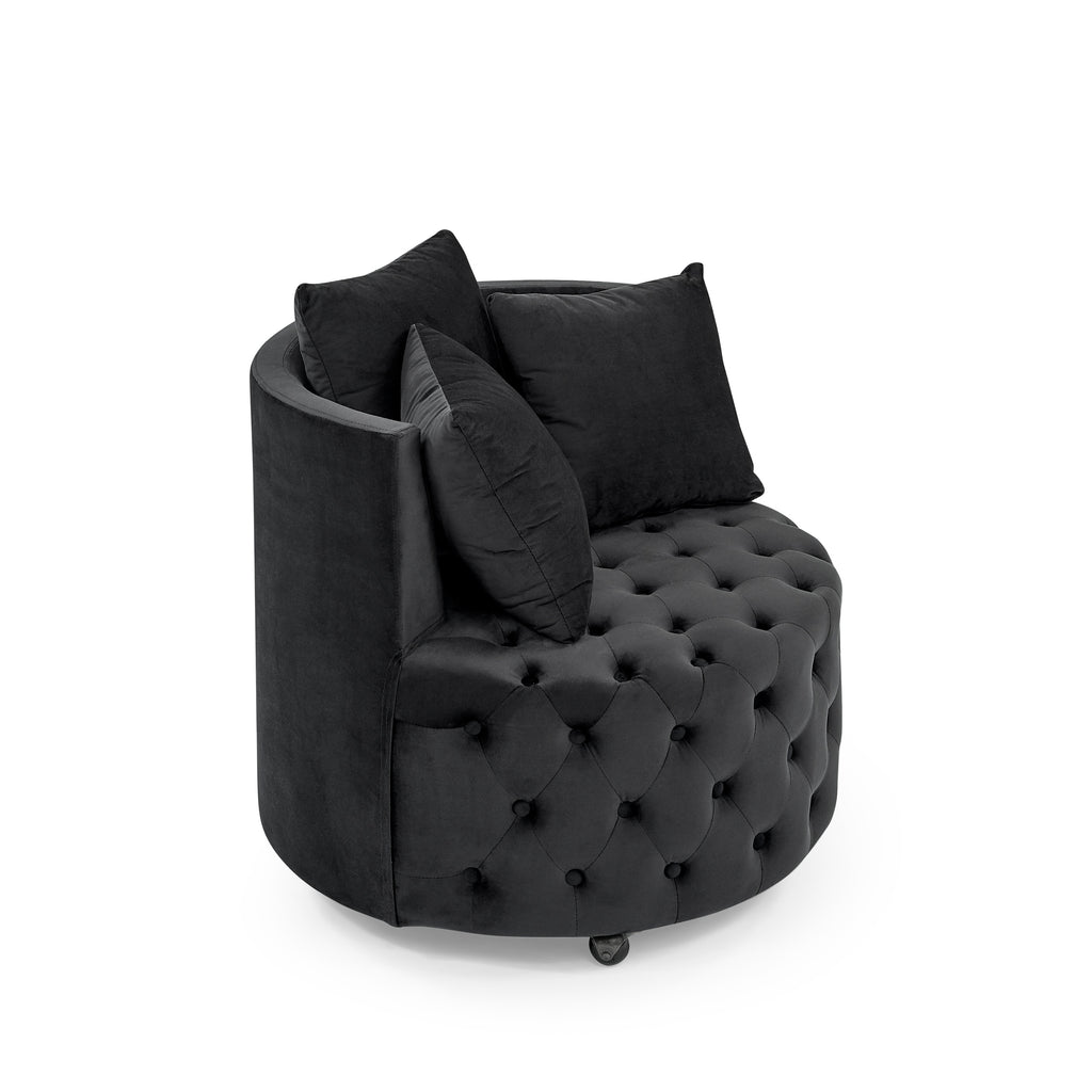 Black velvet swivel accent chair with 3 pillows — styled setting