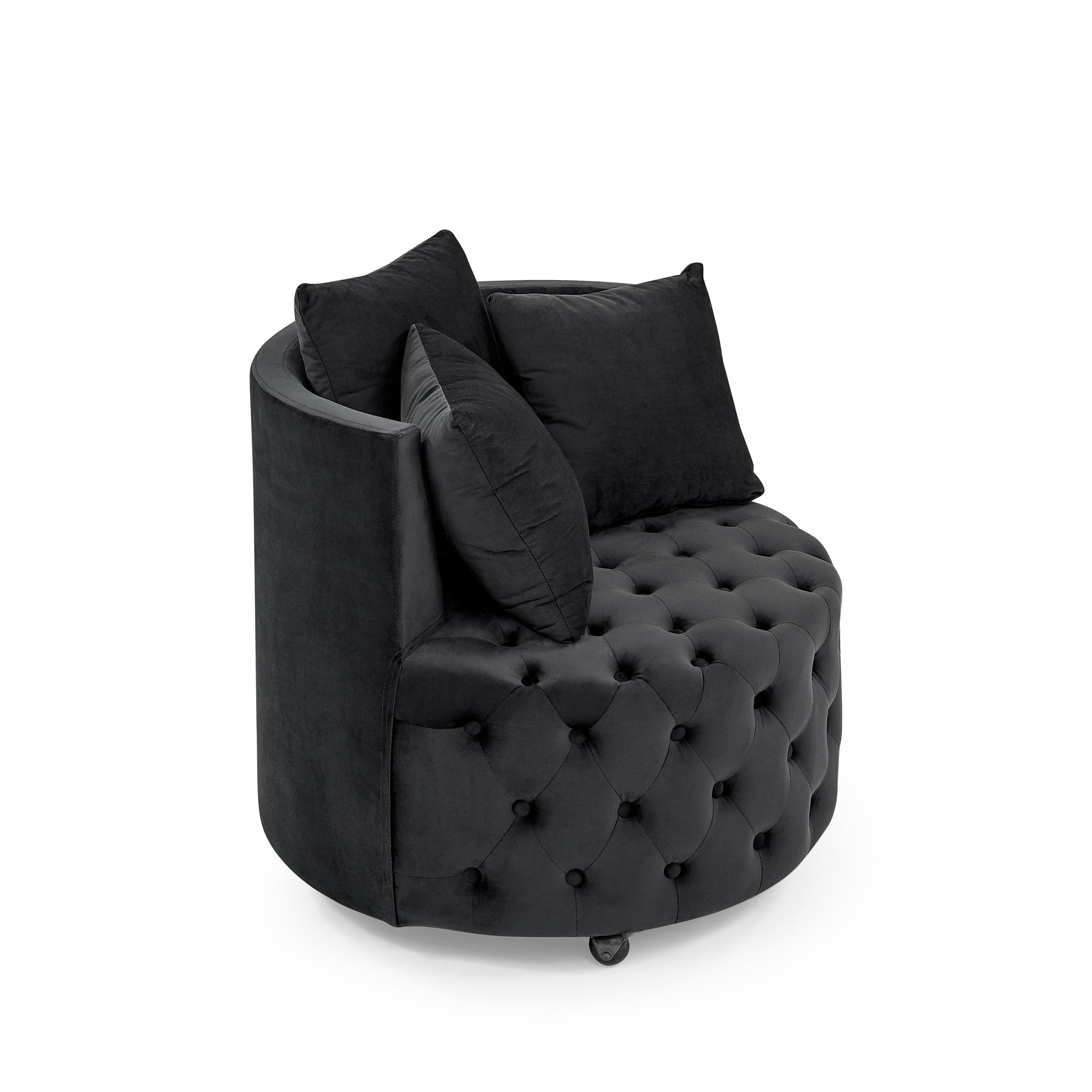 Black velvet swivel accent chair with 3 pillows — styled setting