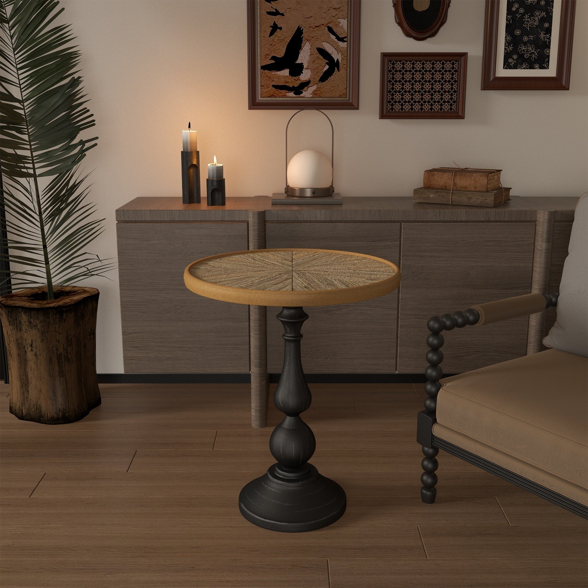 Natural wood finish round accent table top detail