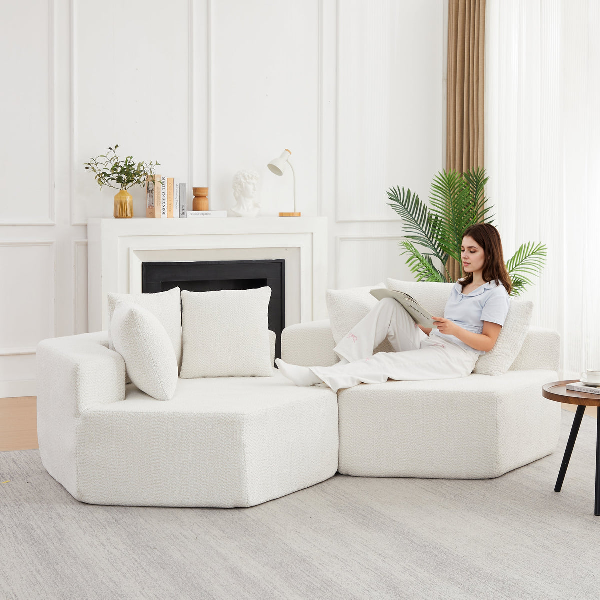 54-inch Modern-style hexagonal single lounge chair, featuring versatile arrangements and a modular design; this chenille-upholstered sofa is ideal for lounges, game rooms, living rooms, and bedrooms.
