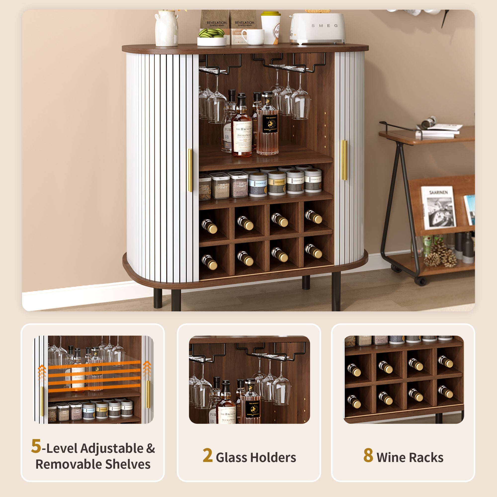 28' Fluted Wine Bar Cabinet with 8-Grid Wine Rack, 5-Level Adjustable Shelves, 2 Glass Holders, Smoothly Sliding Tambour Doors, 4 Hidden Storage Space on the Side, Modern Liquor Coffee Station, Black