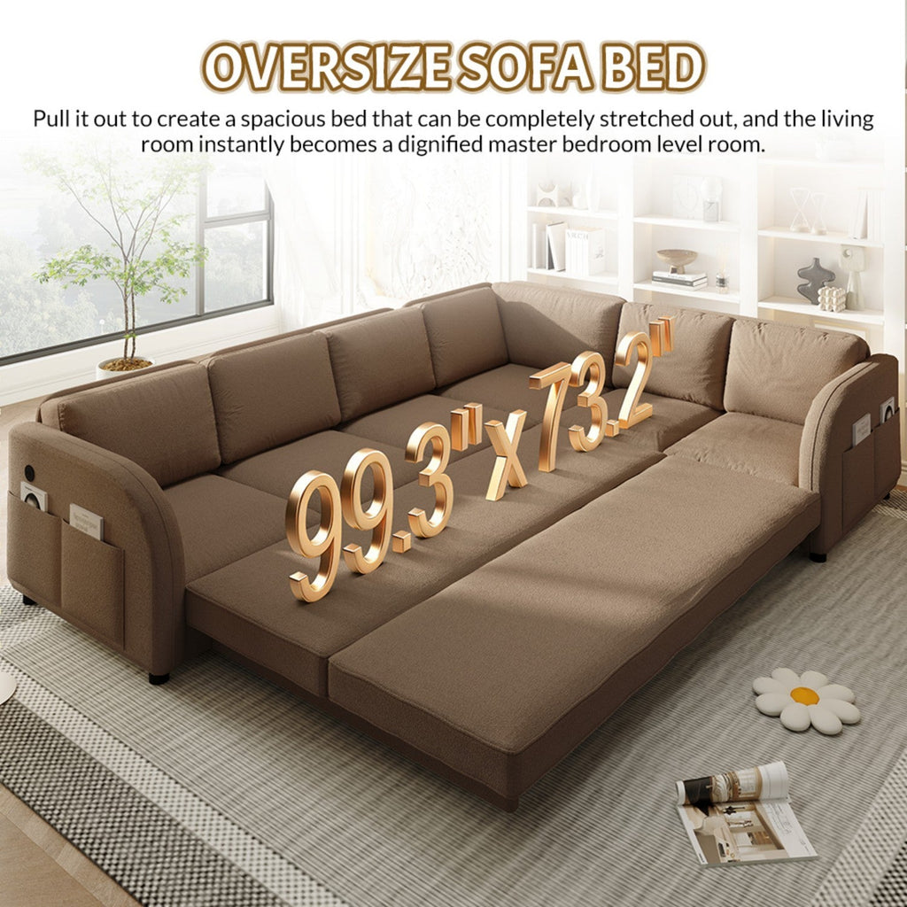 115.2' L-Shaped Sofa Couch with Pull-Out Bed,Oversize Convertible Sleeper Sofa with side Pocket & USB Port,Teddy Upholstered Sectional Couches with Convert Left/Right Facing, Light Grey