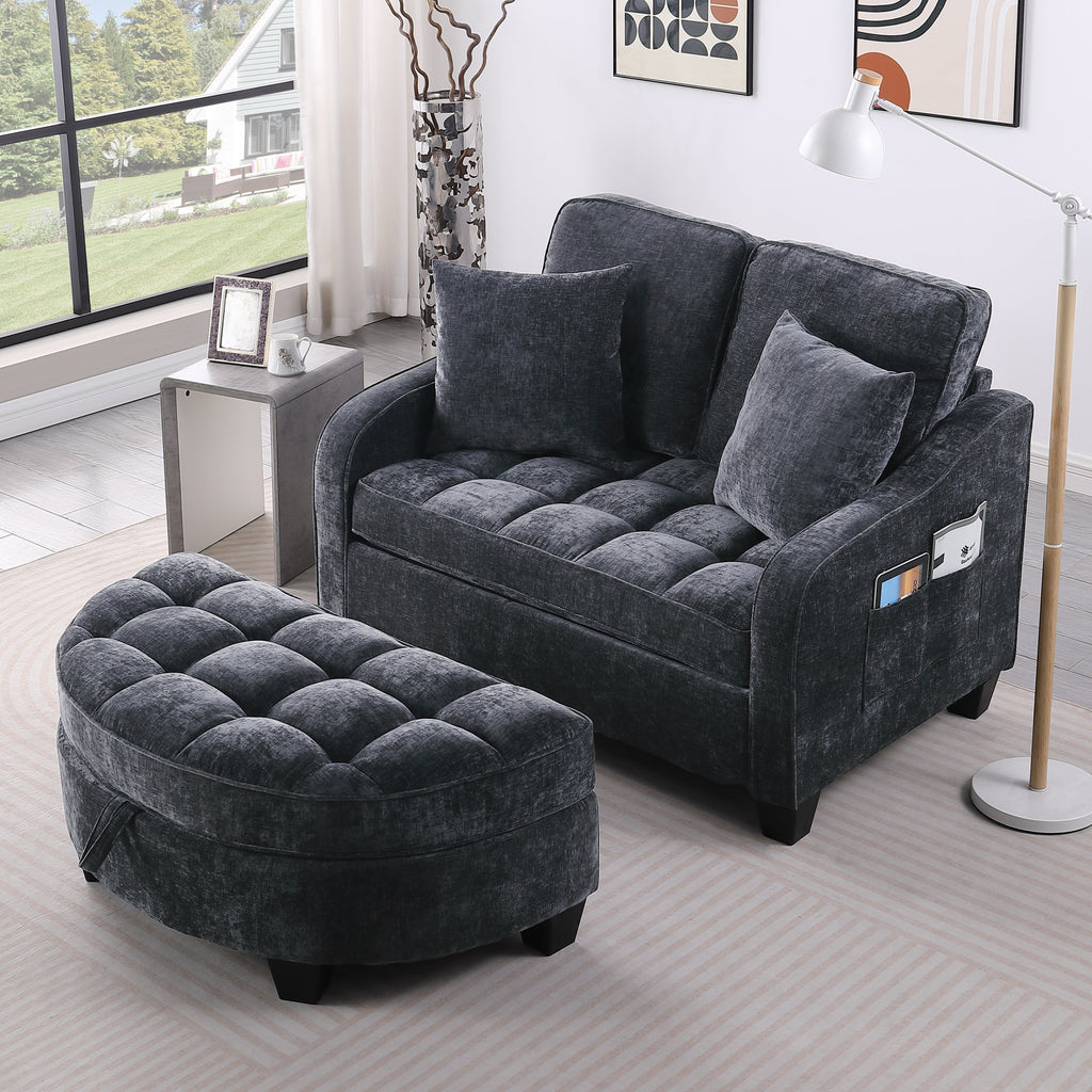 Two-seater sofa, double sofa chaise longue, with irregular armrests and backrests, footrest with storage space, comes with two small throw pillows, suitable for living room and bedroom -Blue