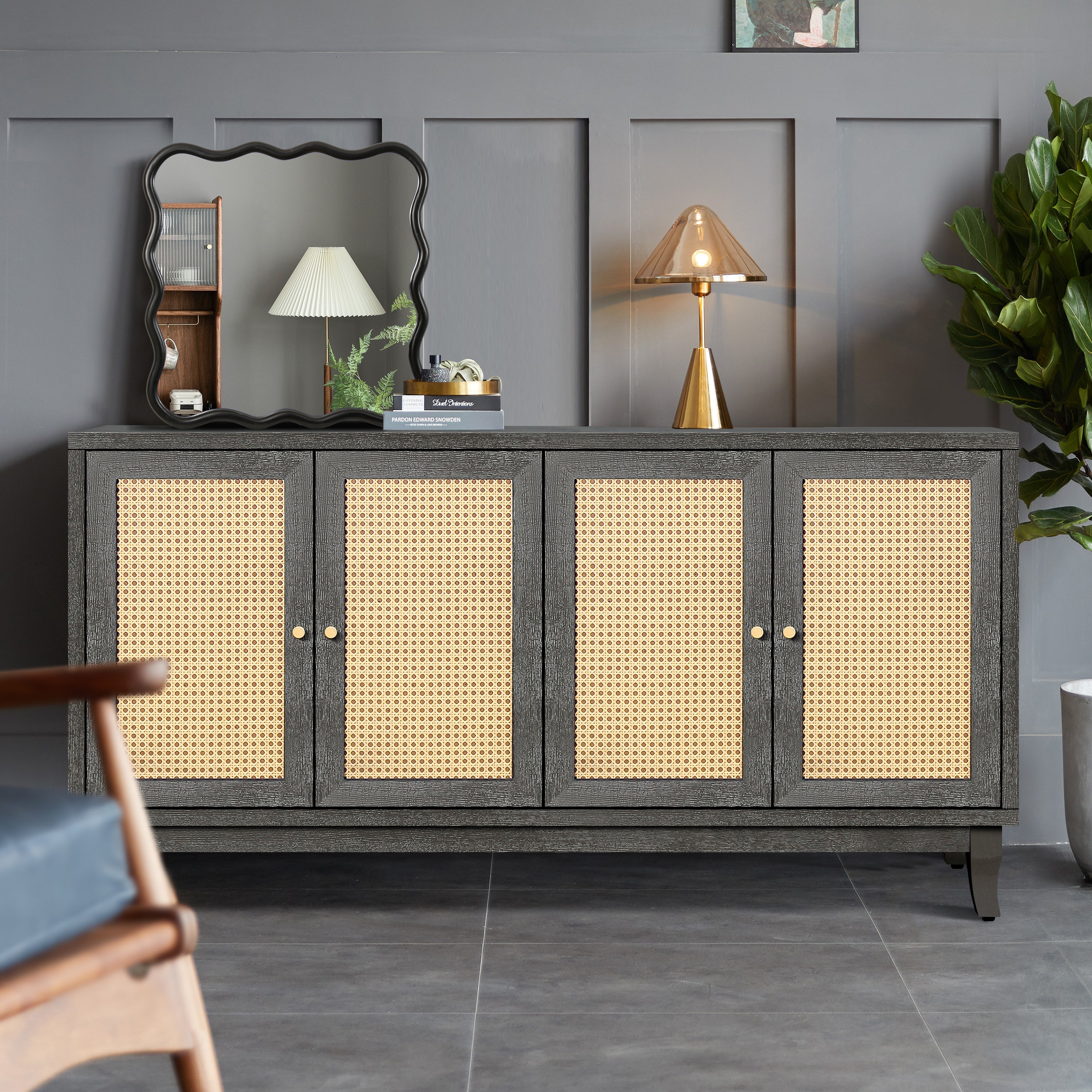 Antique dark gray 4-door rattan sideboard with grain panel doors — front view