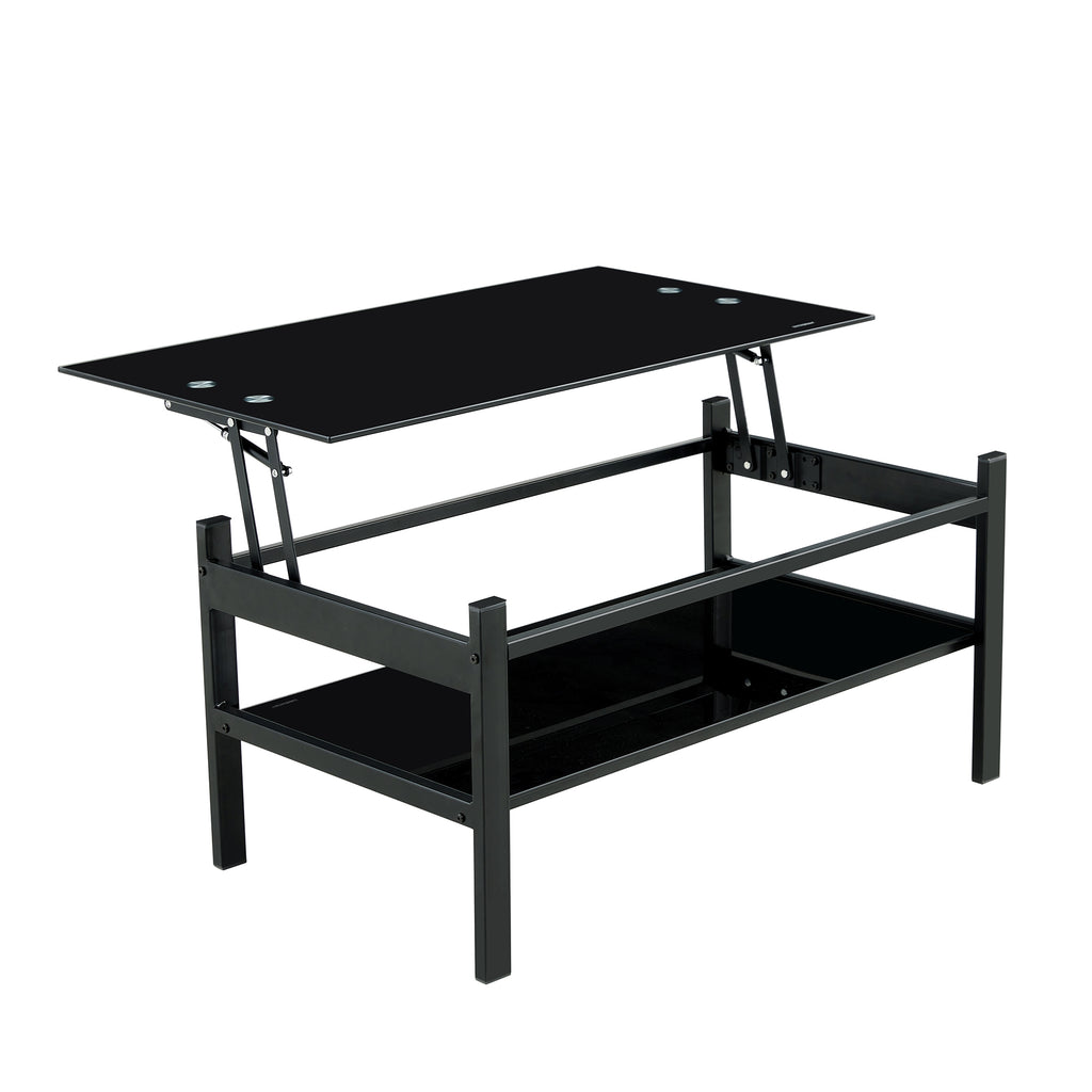 Black lift-top coffee table tempered glass — front view
