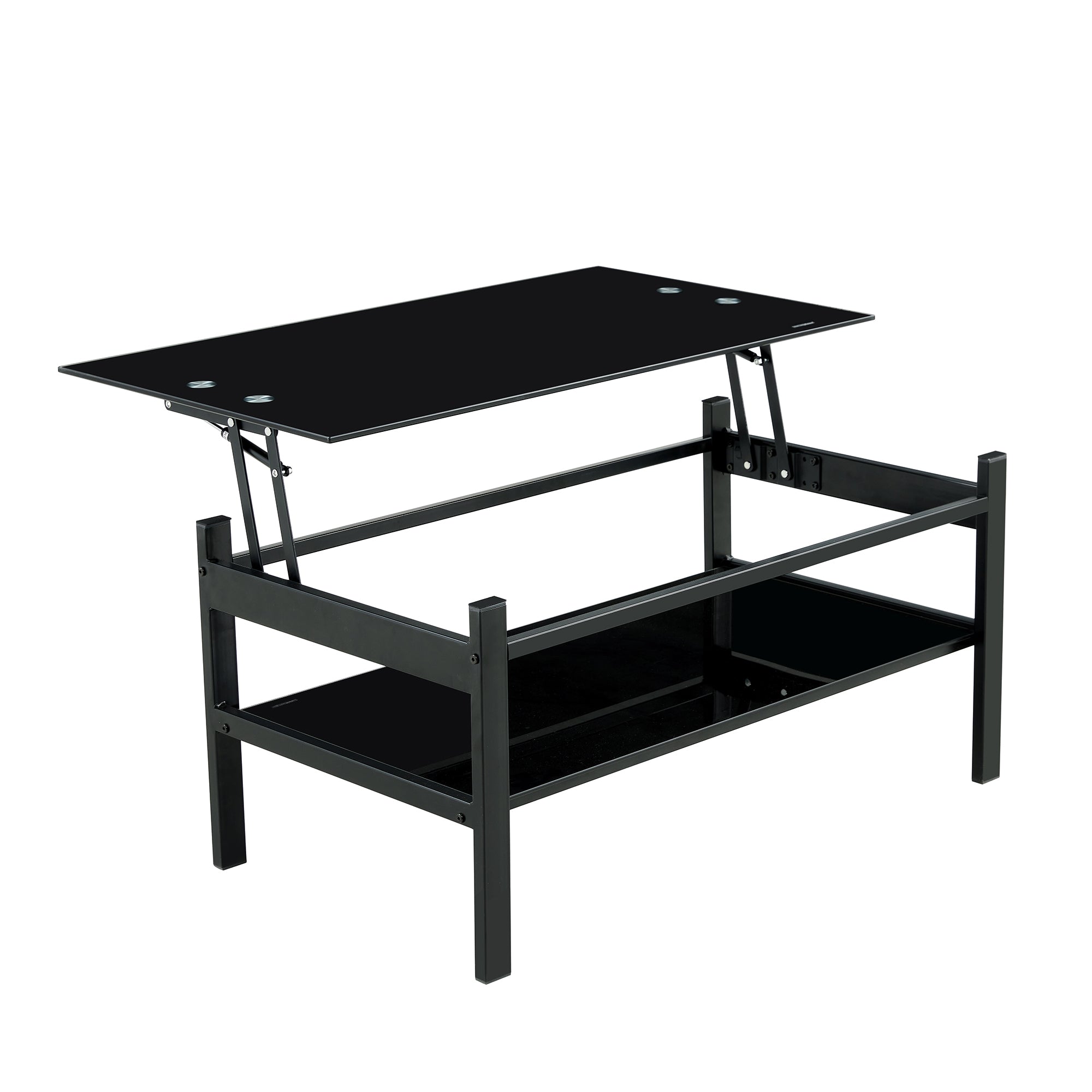 Black lift-top coffee table tempered glass — front view