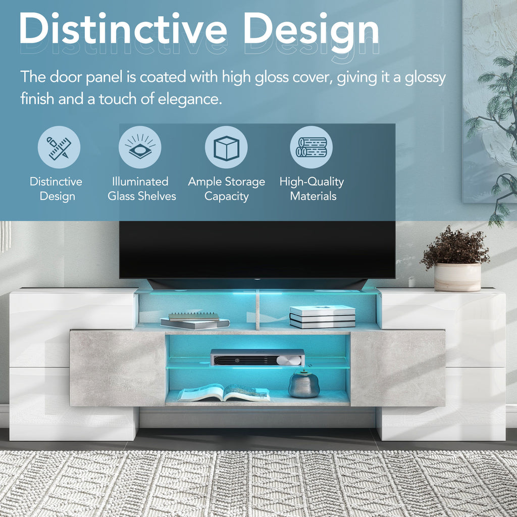 Grey TV stand with illuminated tempered glass shelves angle view