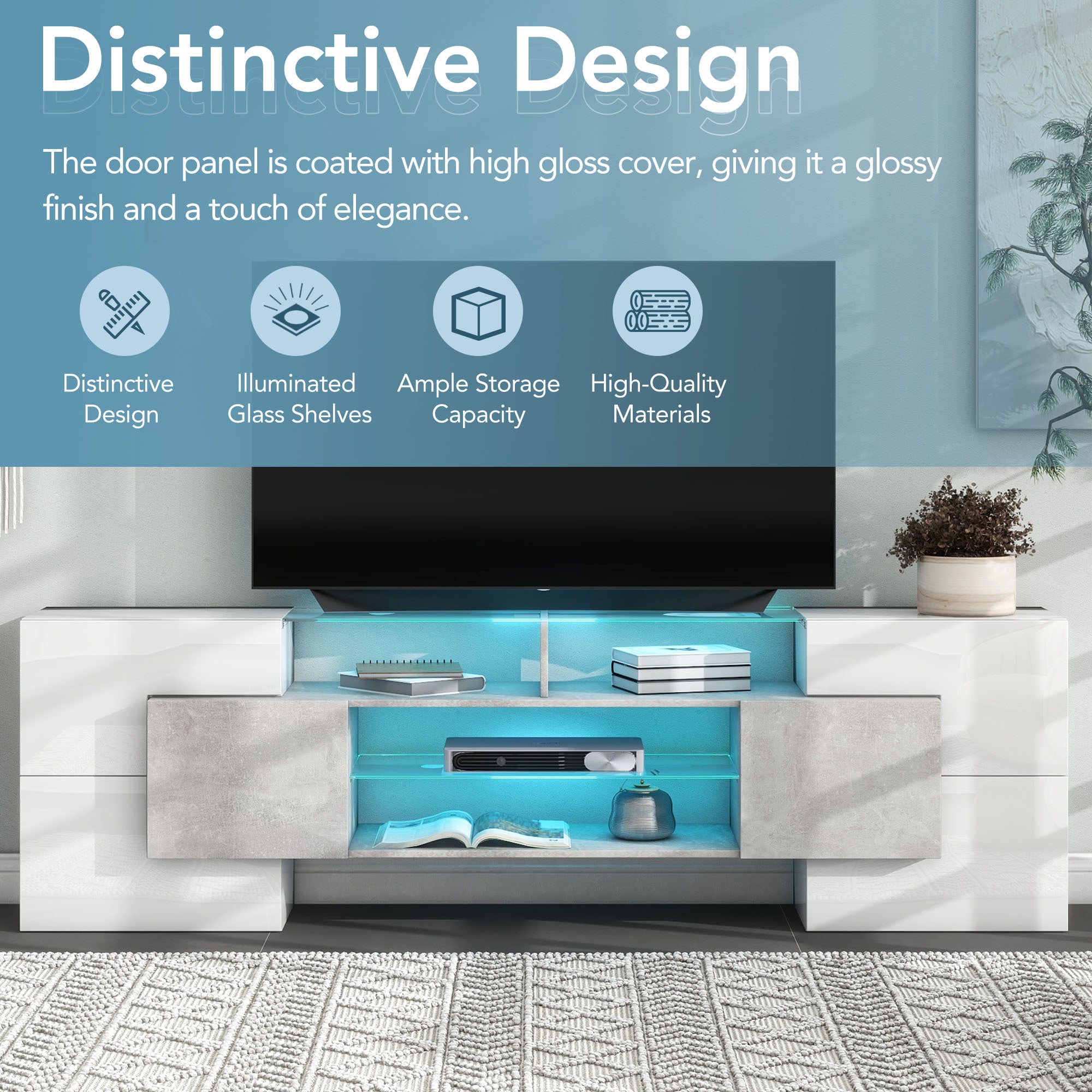 Grey TV stand with illuminated tempered glass shelves angle view
