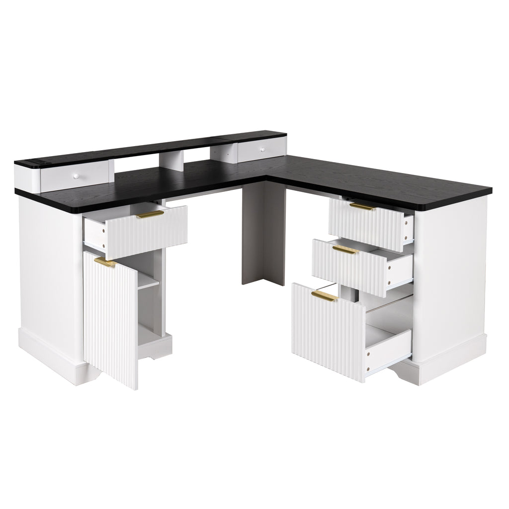 L-shaped desk soft-close hinge cabinet door detail