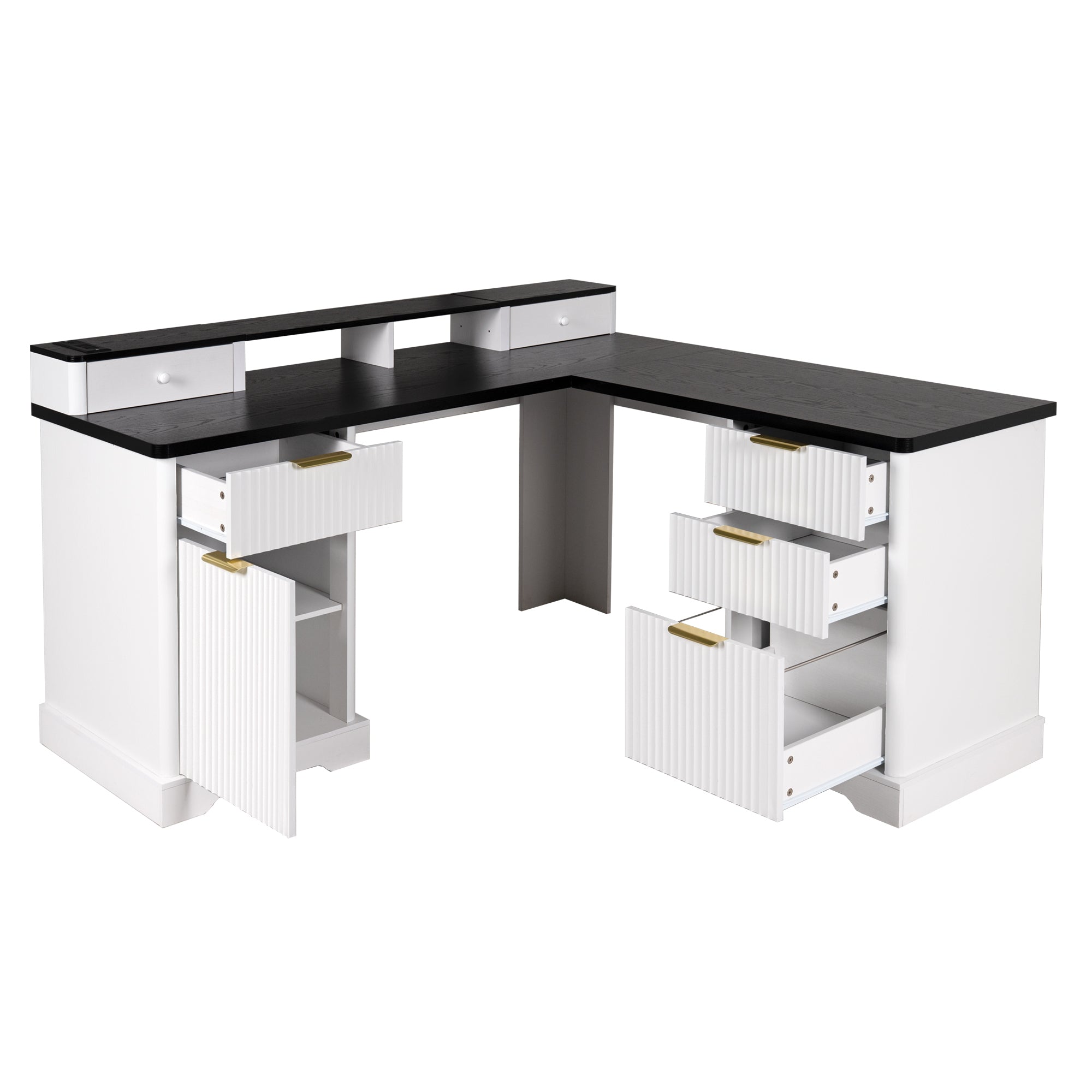 L-shaped desk soft-close hinge cabinet door detail