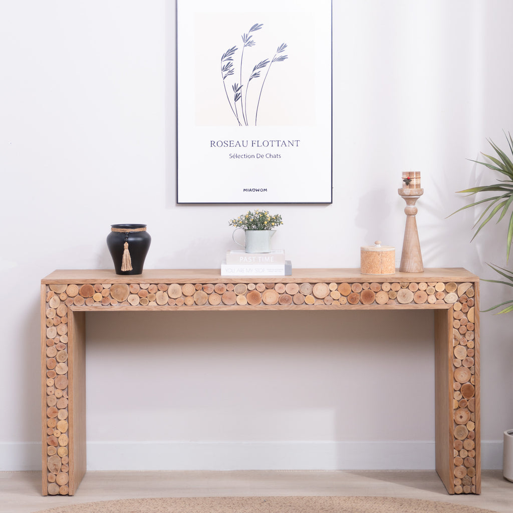 Farmhouse console table slim profile hallway setting