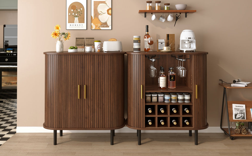 28' Fluted Wine Bar Cabinet with 8-Grid Wine Rack, 5-Level Adjustable Shelves, 2 Glass Holders, Smoothly Sliding Tambour Doors, 4 Hidden Storage Space on the Side, Modern Liquor Coffee Station, Black