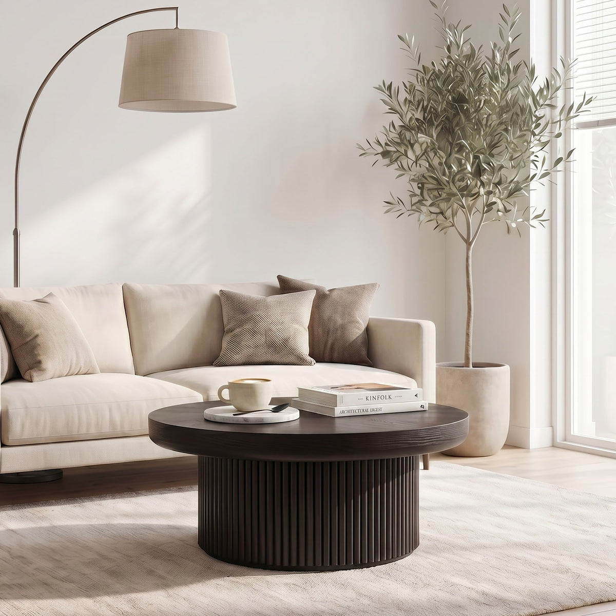 33.5'' Round Fluted Coffee Table with Real Wood Parquet Pattern Top & Cylindrical Base, Thickened Tabletop, Mid-Century Modern Circle Cocktail Table for Living Room, Small Space, Walnut