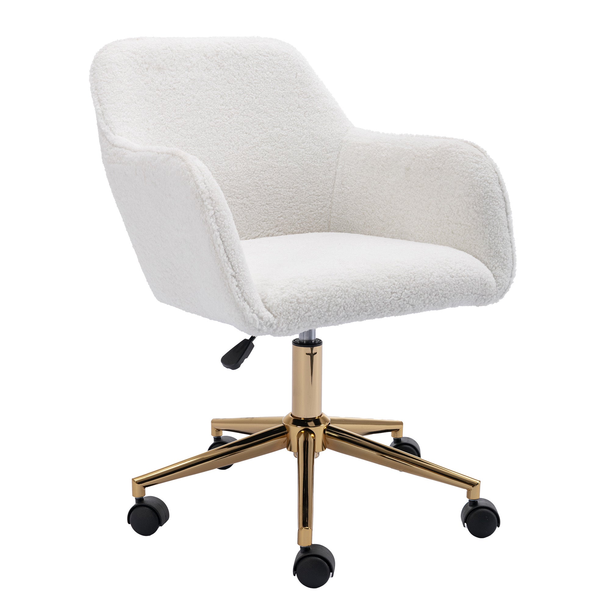 White teddy office chair with gold metal base — front view