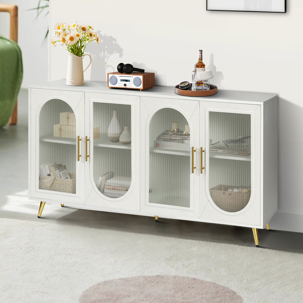 60 inch antique white media console with frosted glass doors — full overview