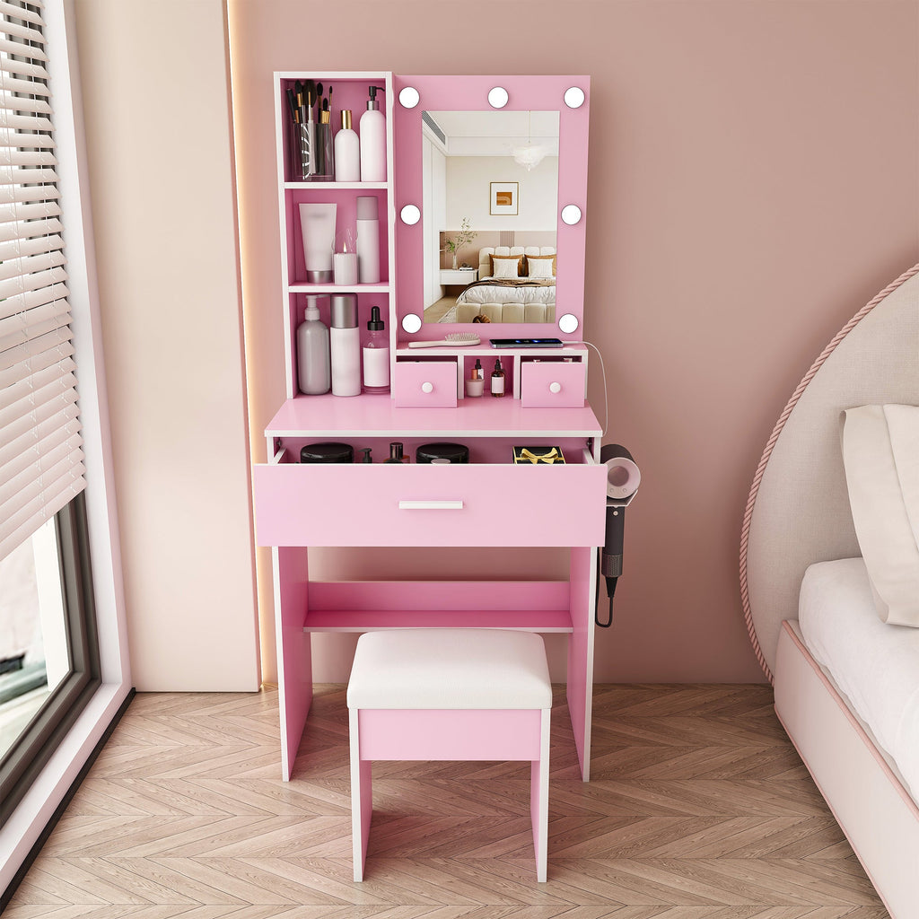 Vanity Table with Mirror, Adjustable LED Lights, Power Outlet, Hairdryer Holder & Stool – Compact Dressing Desk for Small Bedrooms