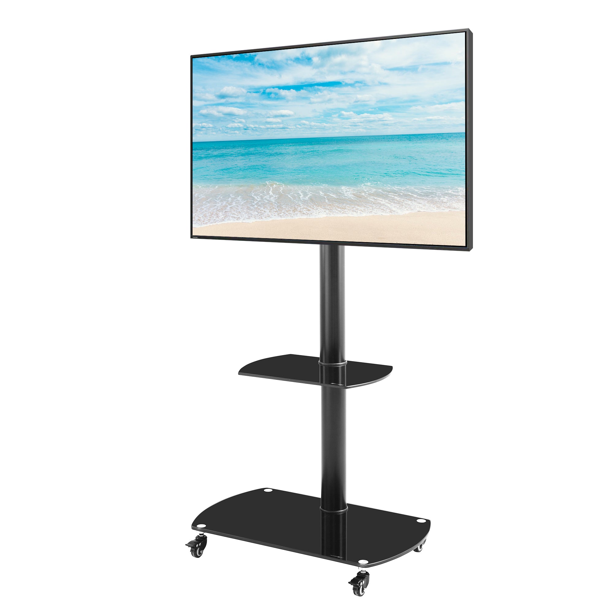 Black mobile TV stand with tempered glass shelves — front view