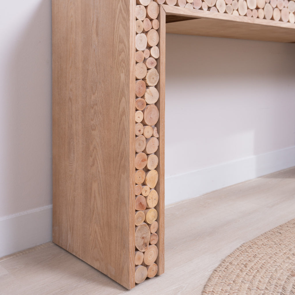 Natural rustic sofa table side profile view