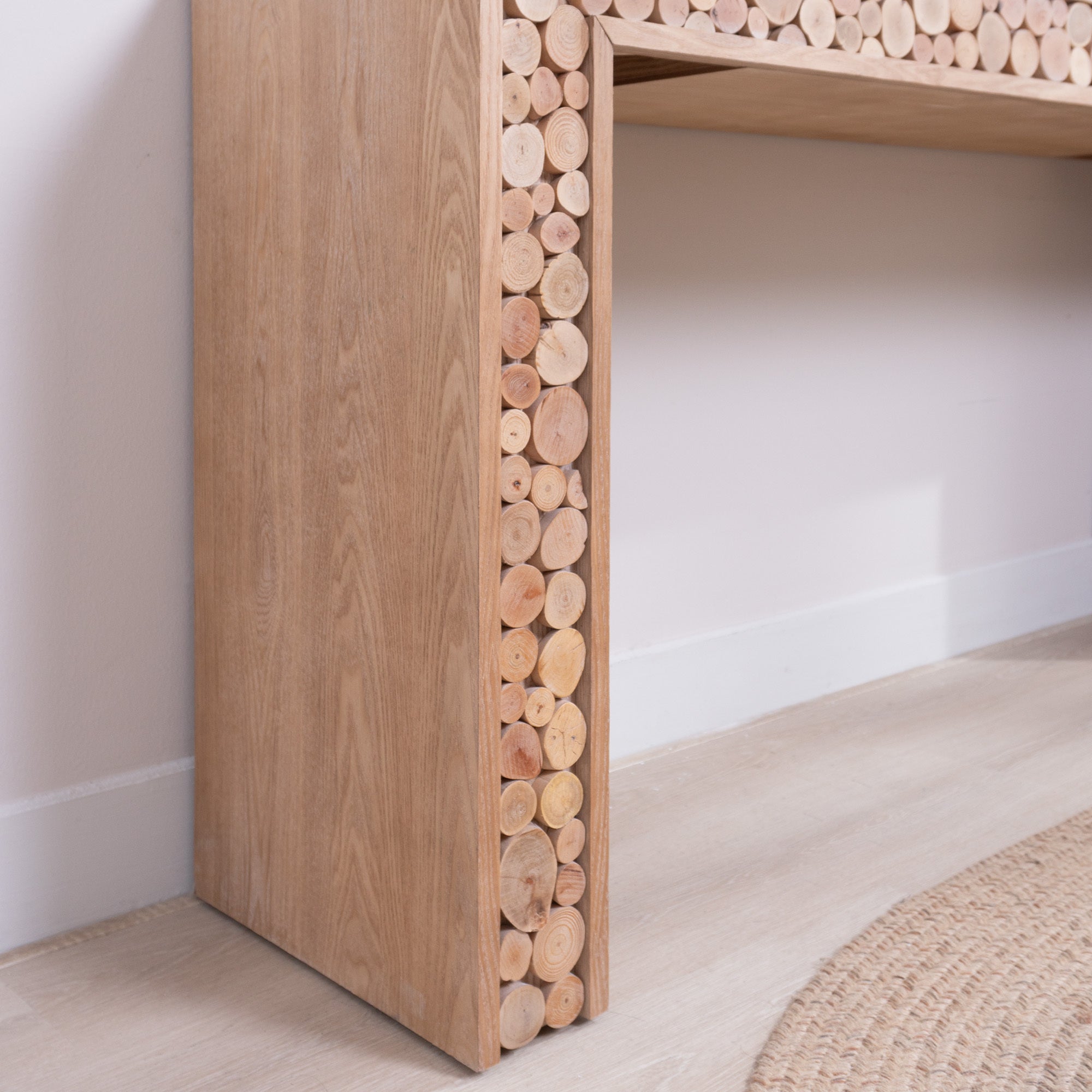 Natural rustic sofa table side profile view
