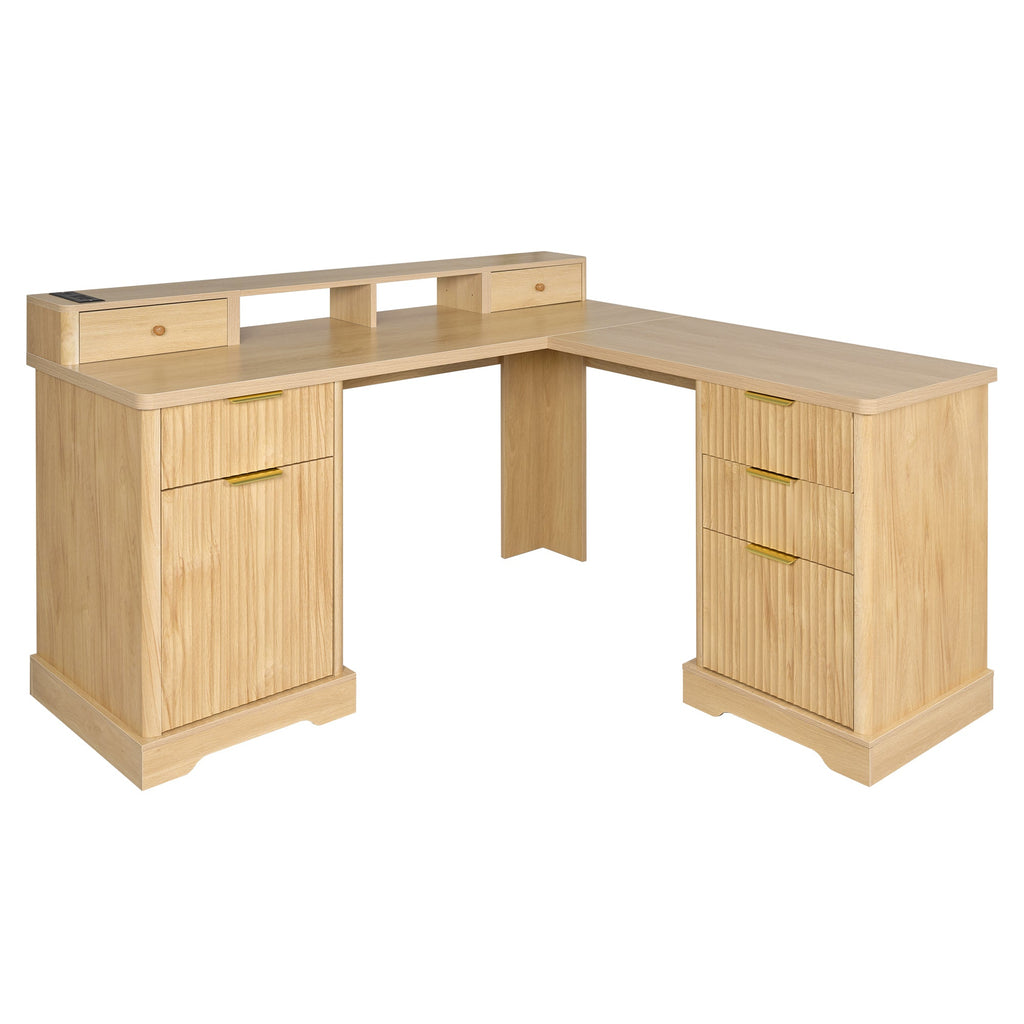 Fluted L-Shaped Desk with Charging Station, Monitor Stand & File Drawer — 59-Inch