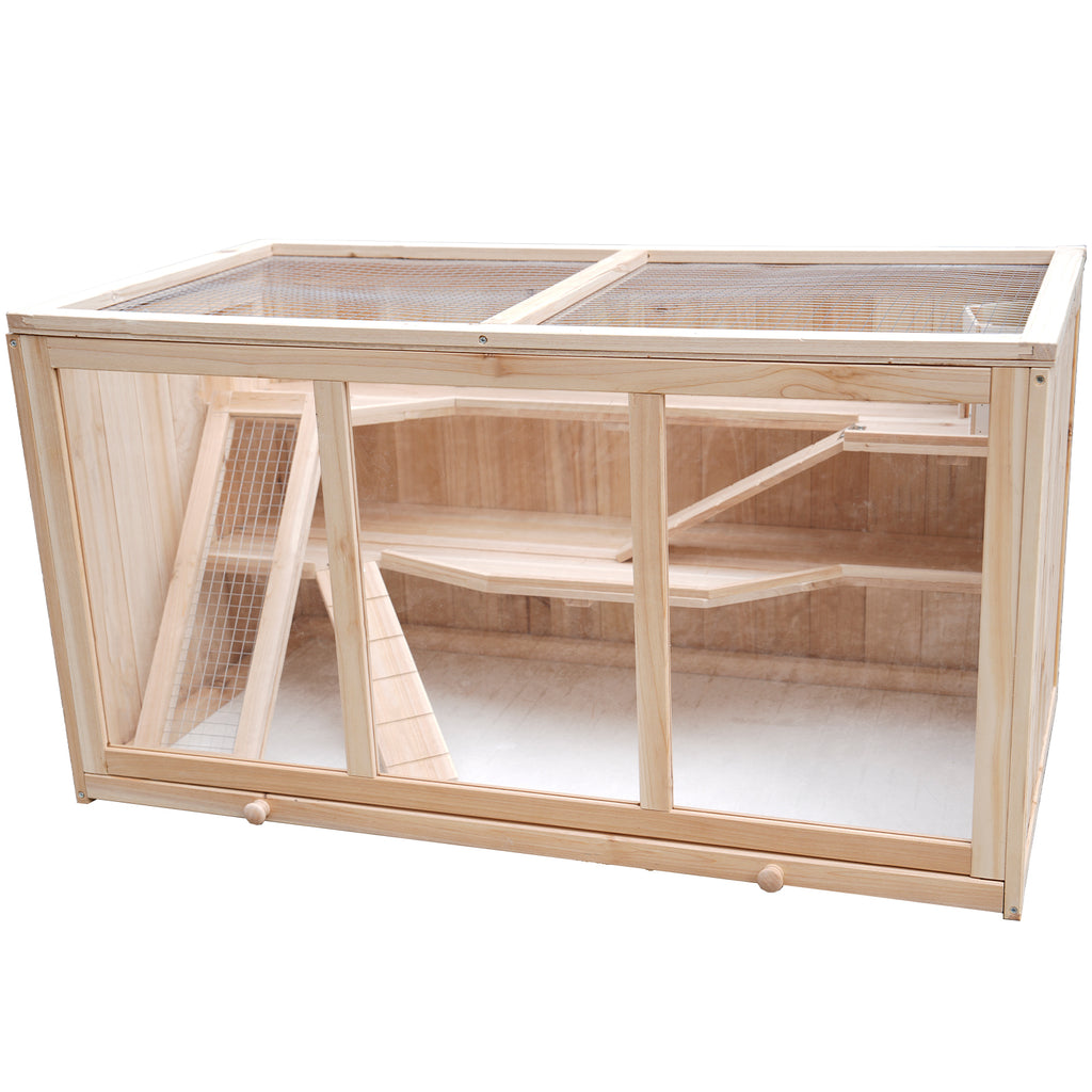 Large Wooden Hamster Cage with Acrylic Windows, Multi-Level Small Pet Habitat with Deep Tray, Ventilated Hutch for Syrian Dwarf Hamsters, Rabbits, Guinea Pigs, Chinchillas