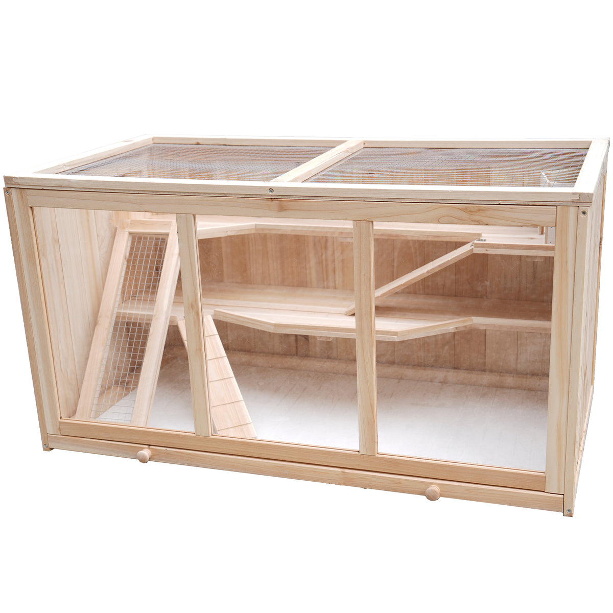 Large Wooden Hamster Cage with Acrylic Windows, Multi-Level Small Pet Habitat with Deep Tray, Ventilated Hutch for Syrian Dwarf Hamsters, Rabbits, Guinea Pigs, Chinchillas