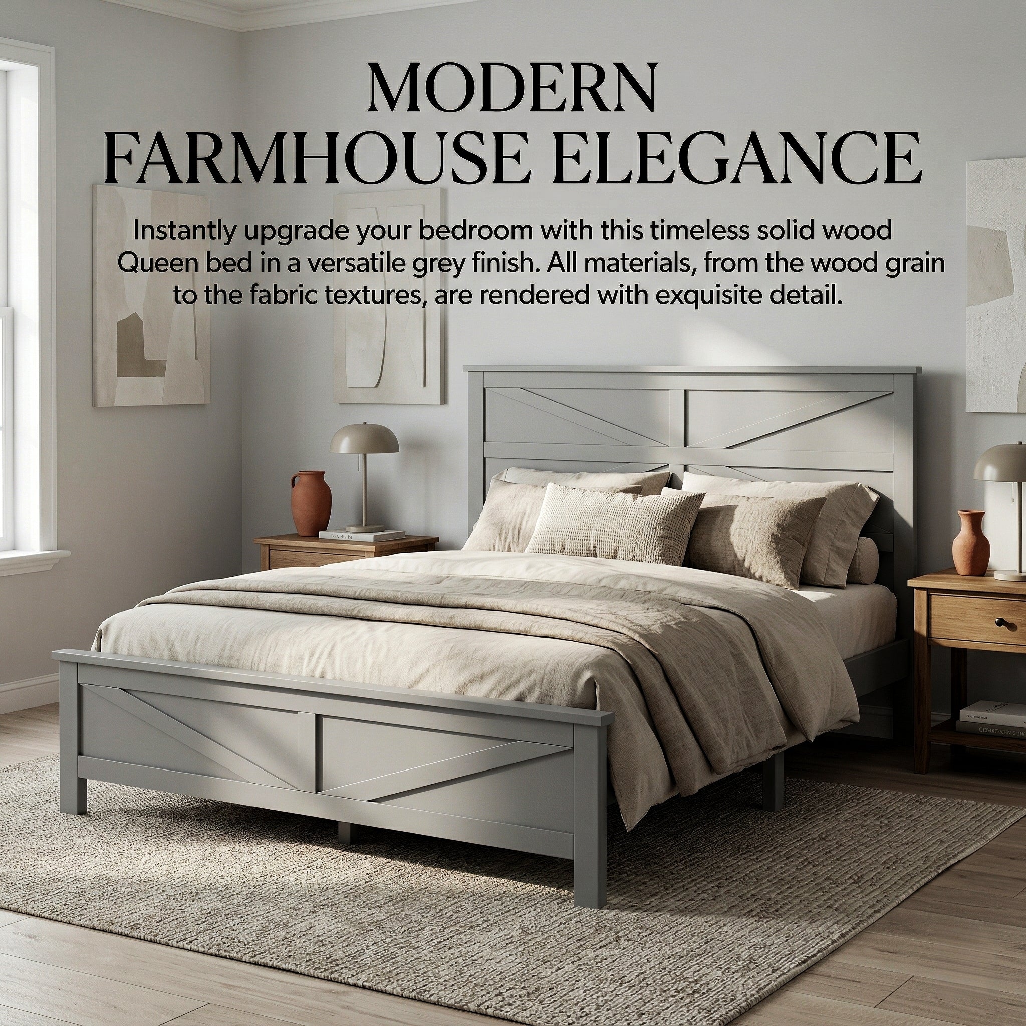 Farmhouse Style Queen Size Bed with Barn Door Designed Headboard and Footboard, Pinewood Bed with Strengthened Bed Frame ,White