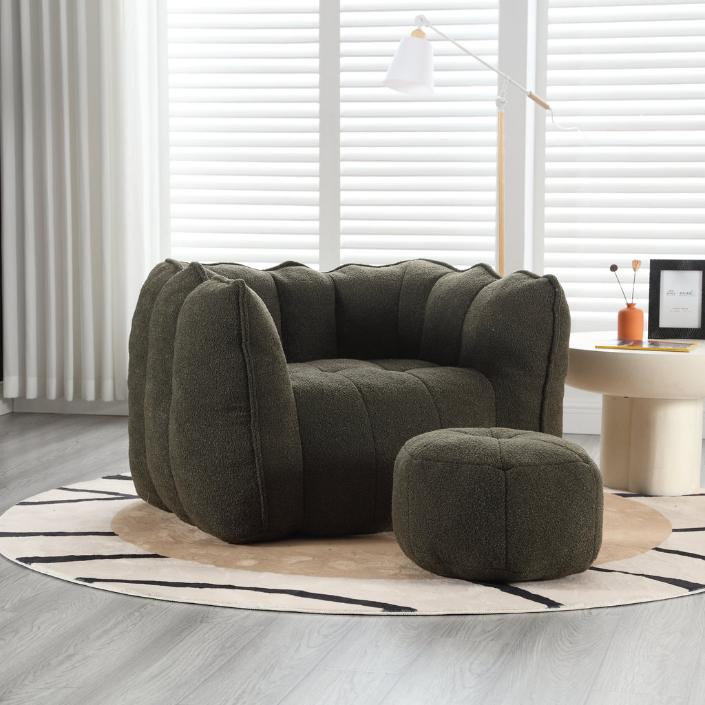 Chenille bean bag and footstool dimensions view