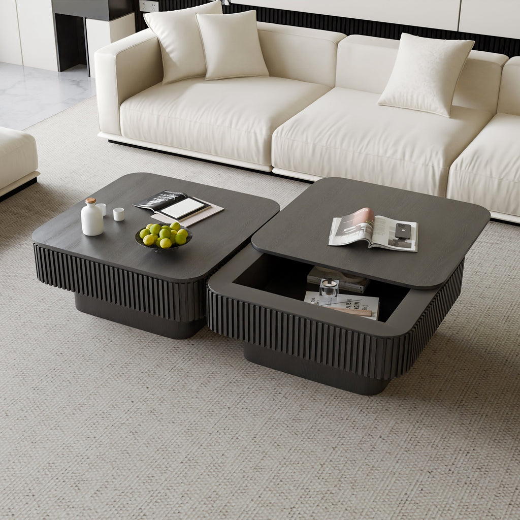 31.5'' Square Coffee Table with Storage Solid Wood Veneered Modern Coffee Table Accent Tea Table for Living Room, Bedroom, Apartment or Office, Natural Wood