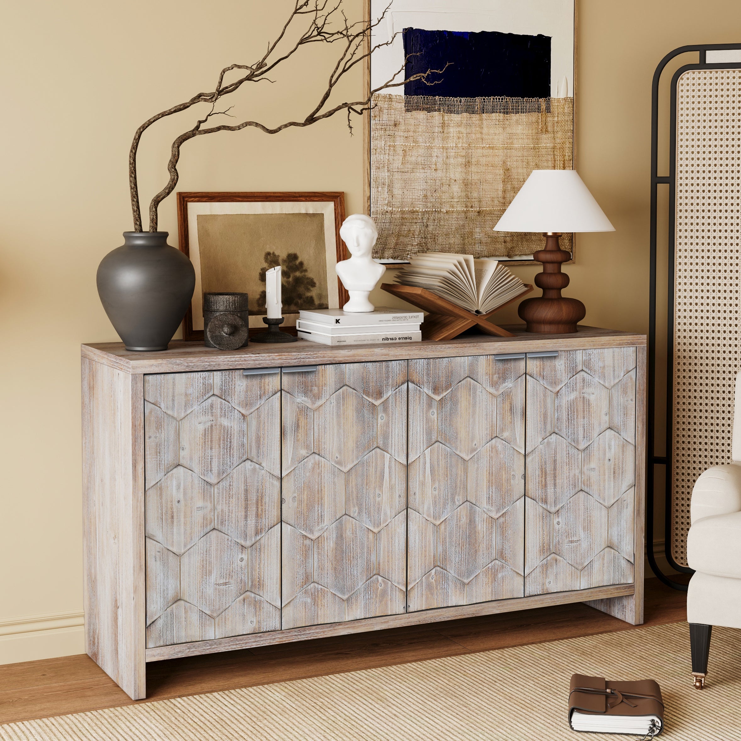 4-door hexagonal pattern sideboard — angle view