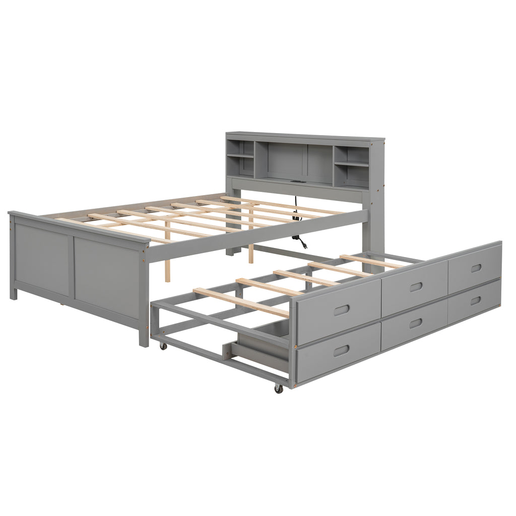 Gray platform bed drawer storage open