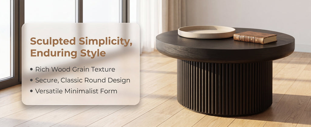 33.5'' Round Fluted Coffee Table with Real Wood Parquet Pattern Top & Cylindrical Base, Thickened Tabletop, Mid-Century Modern Circle Cocktail Table for Living Room, Small Space, Walnut