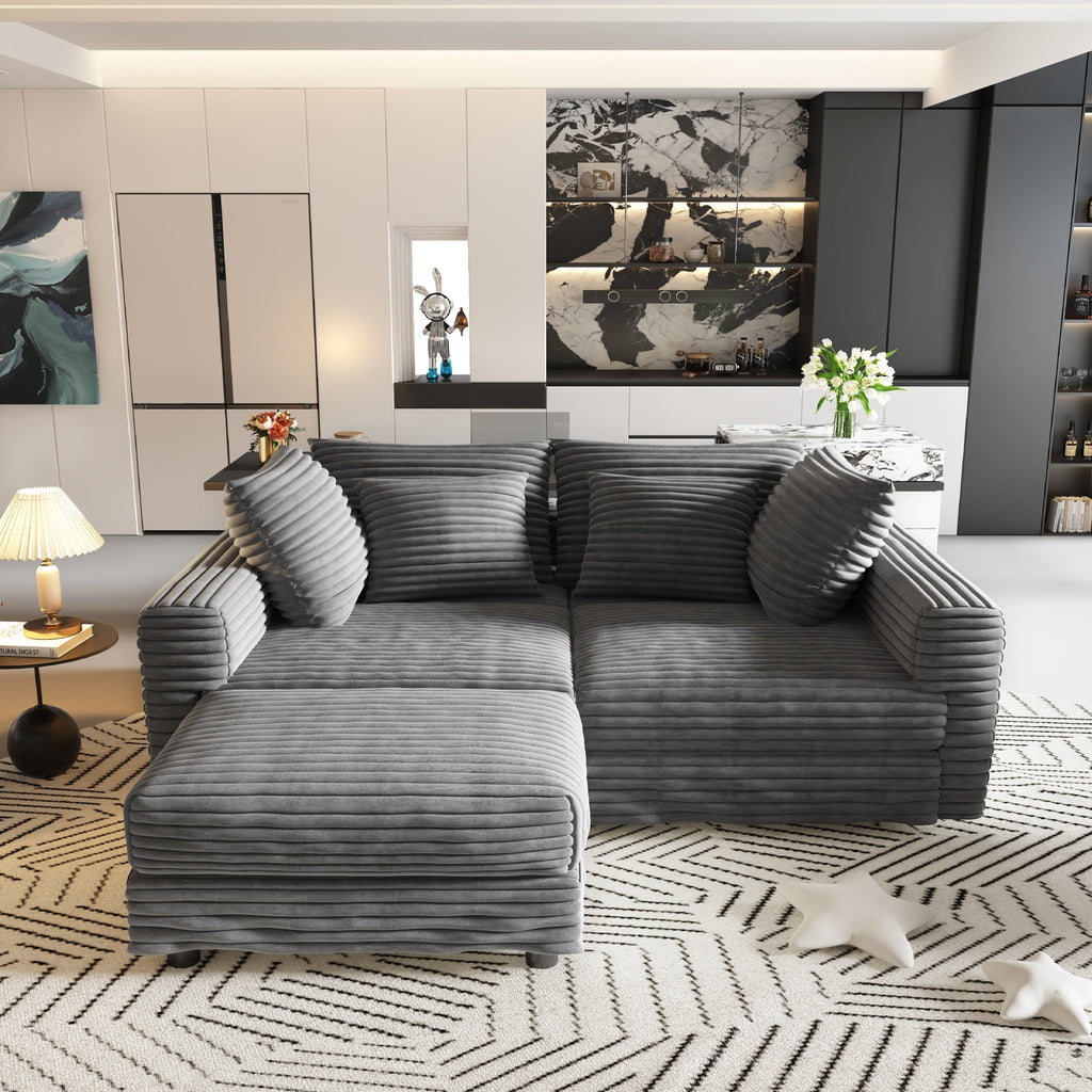 102.4 'Plush Corduroy 4-Seat Sofa,Modern Comfy Upholstered Sofa Cloud Couch,Deep Seat Couches with Soft Pillows and 3 Ottomans,Convertible Sofa Lounge Chair,Black(Old SKU:W1885S00287)
