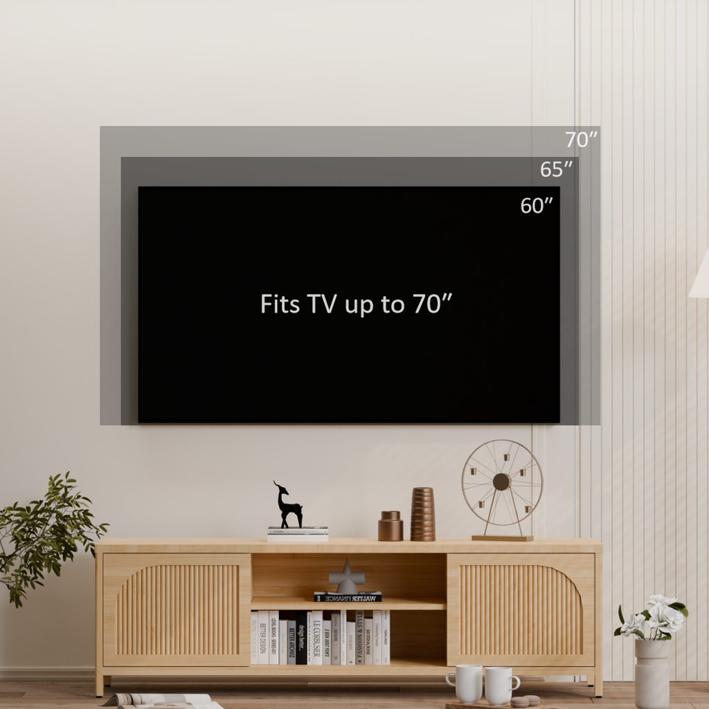 63 inch bamboo media console with open shelves — full overview