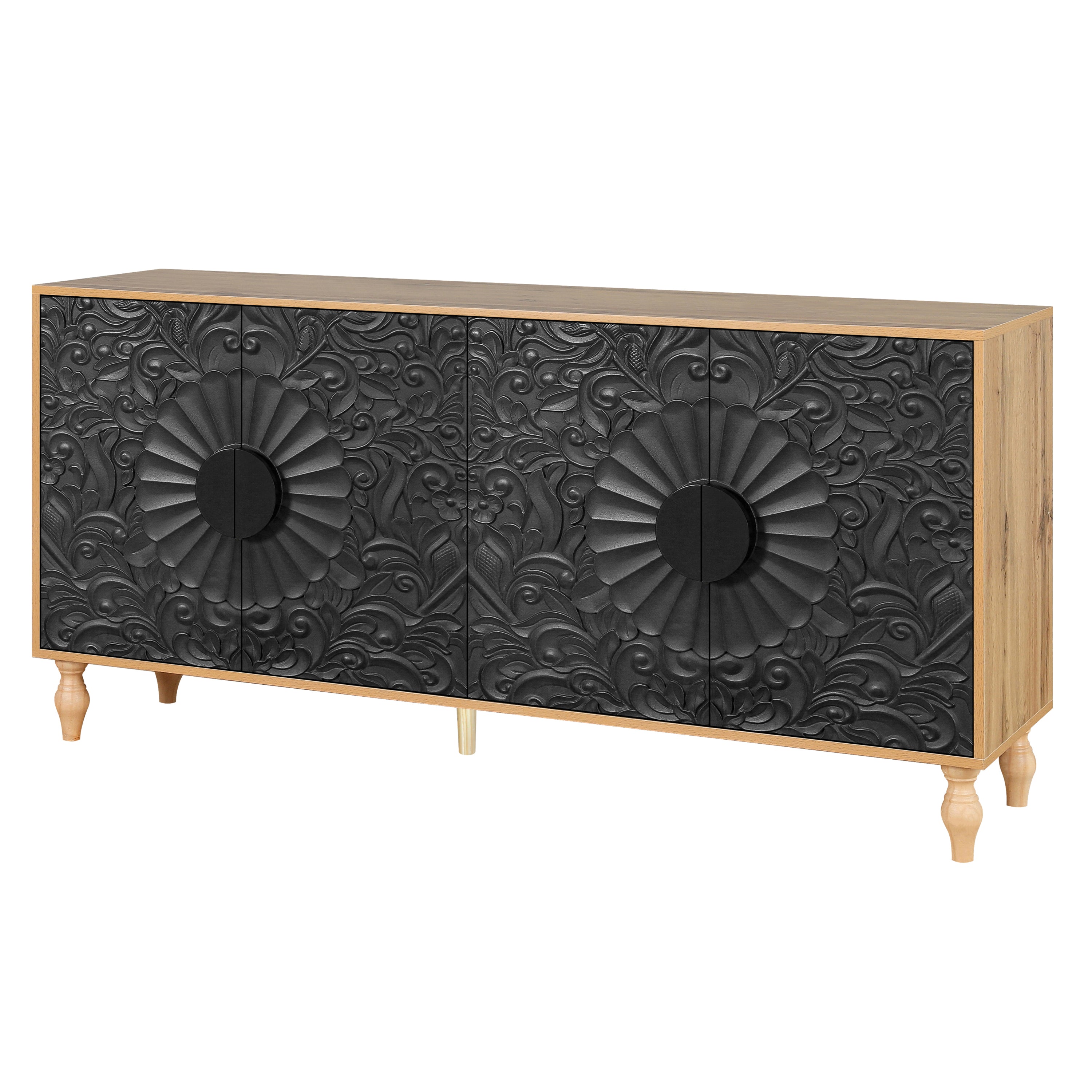 Black wood frame TV stand in living room setting